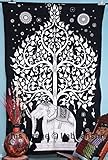 Elephant Tree Tapestry ,Good Luck White Elephant Tapestry , Hippie Gypsy Wall Hanging , Tree of Life Tapestry , New Age Dorm Tapestry (White/Black)