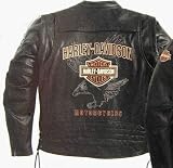 Harley Davidson Men's Driving Force Leather Jacket--LIMITED EDITION. Lightweight leather. Removable sleeves zip off to creat a vest. Mandarin collar with snap. Elbow venting and horizontal back venting. Poly-mesh lining. Action back. Zippered cuffs. Slight pre-curved sleeves. Adjustable side lacing. Two zippered hand-warmer pockets, two chest pockets, and two inside pockets. Custom hardware. Stitching detail at back waist. vintage-style felt patches on sleeves and left chest. Large embroidery on back. 97056-08VM