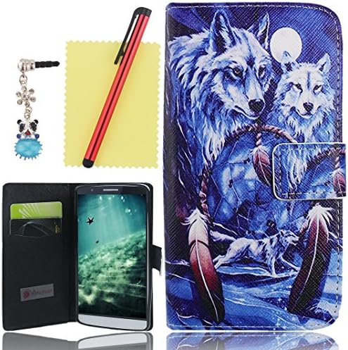 Ancerson® PU Leather Wallet Case for LG G3 D855 Colorful Printed Magnet Buckle Built-in Credit/ ID Card Slot Pocket Flip Folio Stand Protective Cover Free with a Red Stylus Touchscreen Pen, a 3.5mm Universal Crystal Diamond Rhinestones Bling Lovely Blue Panda Silvery Flower Pendant Dust Plug and a Cleaning Cloth - Retail Package (White Moon Blue Wolf Red Wine Feather Vintage Dreamcatcher)