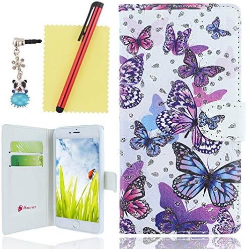 Ancerson New Luxury Fashion Fantasy Bling Shining Glitter Shimmering Powder Love Heart Colorful Magnet Buckle Built-in Credit/ ID Card Slot Pocket PU Leather Flip Folio Stand Protective Case Cover for Apple iPhone 6 Plus (5.5") Free with a Red Stylus Touchscreen Pen, a 3.5mm Universal Crystal Diamond Rhinestones Bling Lovely Blue Panda Silvery Flower Pendant Dust Plug and a Cleaning Cloth - Retail Package (Purple Blue Hot Pink Black Butterfly)