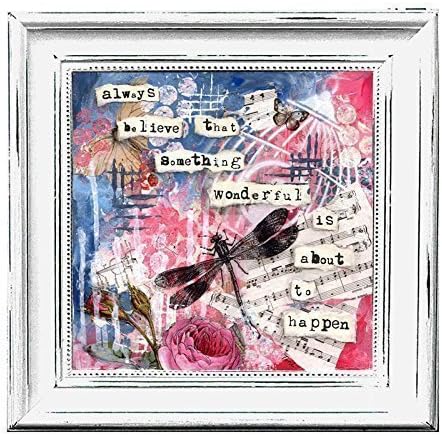 dragonfly - 8x8 Mixed media art print - vintage dragonfly - always believe that something wonderful is about to happen - quote, magenta blue, sheet music, shabby