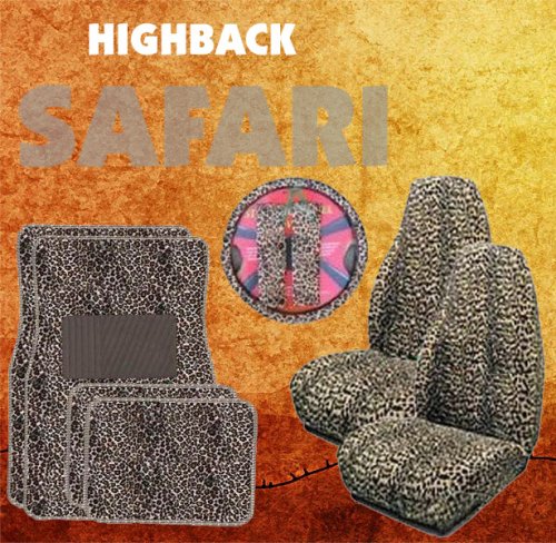 9pc Safari Tan Cheetah Print Car Floor Mats, High Back Seat Covers, Steering Wheel Cover & Shoulder Pad Set