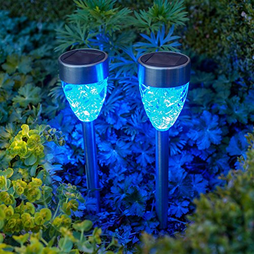 Cheap Set of 4 Blue LED Prism Solar Garden Stake Lights by Lights4fun