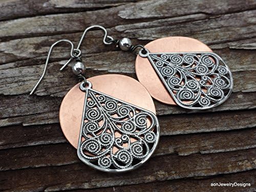 Copper Wavy Circle &amp; Silver Filigree Dangle Earrings. Medallion Circle Earrings. Textured Metal Jewelry. Statement Earrings. E-667