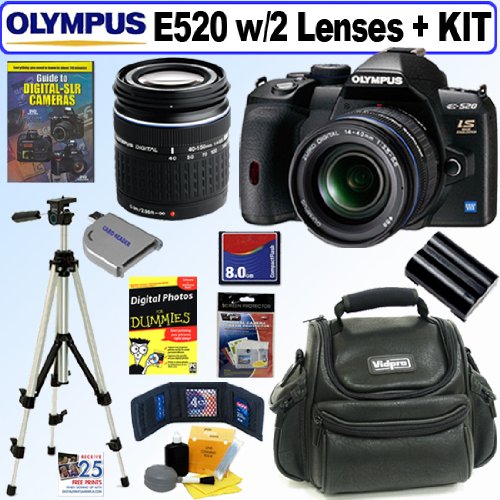The Electronics World |   Olympus Evolt E520 10MP Digital SLR Camera with 14-42mm f/3.5-5.6 and 40-150mm f/4.0-5.6 ED Zuiko Lenses + 8GB Deluxe Accessory Kit