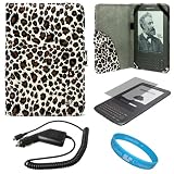 Leopard Pattern Design Protective Portfolio Nylon Carrying Case Cover for Amazon Kindle 3rd Generation Wireless Reading Device 3G Wi-Fi 6 inch LCD Display + Clear Screen Protector Guard for Kindle 3 Wifi + Rapid Car Charger with IC Chip + SumacLife TM Wisdom Courage Wristband