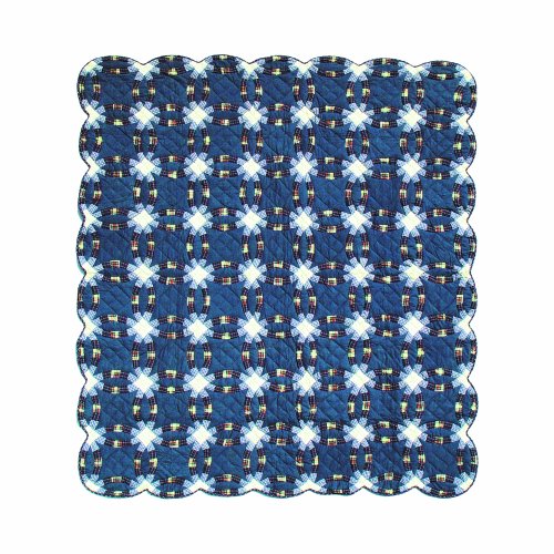 Patch Magic Blue Double Wedding Ring Luxury King Quilt, 120-Inch by 106-Inch