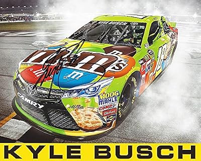 AUTOGRAPHED 2015 Kyle Busch #18 M&Ms Racing (Crispy Edge) BURNOUT Signed 8X10 Picture NASCAR Hero Card with COA