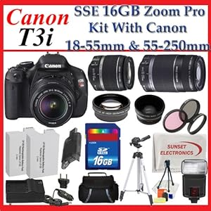 Canon EOS Rebel T3i SLR Digital Camera Kit with Canon 18-55mm IS Lens + Canon 55-250mm IS Lens + Huge Accessories Package Including Wide Angle Macro Lens + 2x Telephoto Lens + 3 Pc Filter KIT + 16gb Sdhc Memory Card & Much More!!