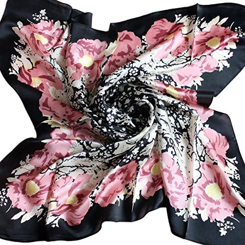 Women Elegant 100% Silk Head Hair Scarves Large Square Scarf Shawl Black Pink