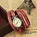 Fashion Rivet Weave Wrap Around Leather Retro Bracelet Woman Wrist Watch Dark Red