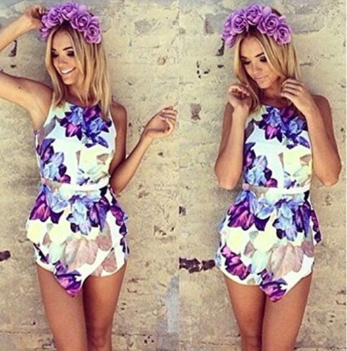 Floral Printing Jumpsuit Short Pants Purple