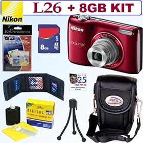 Nikon COOLPIX L26 16.1 MP Digital Camera (Red) + 8GB Accessory Kit
