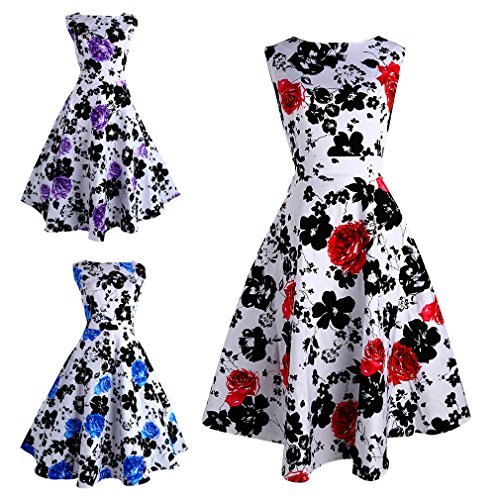 MIOIM® 50年代 レトロ な バラ 花柄 プリント スリム ドレス ラウンドネック ノースリーブ パーティー 結婚式 発表会 お出かけ ピクニック お呼ばれ フォーマル レディース ひざ丈 ワンピース