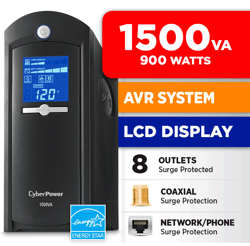 CyberPower CP1500AVRLCD Intelligent LCD UPS 1500VA 900W AVR