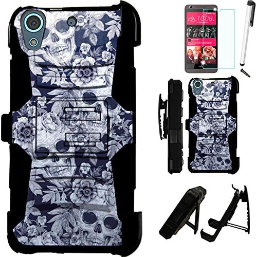 For HTC Desire 626 / HTC Desire 626S Armor Hybrid Case Silicone Cover Kick Stand LuxGuard Holster+[WORLD ACC®] LCD Screen Protector+Stylus+Dust Cap (Skull Flower/Black)
