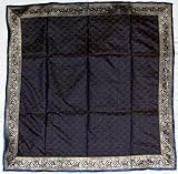 Midnight-Blue Tanchoi Table Cover from Banaras with All-Over Weave - Pure S ....