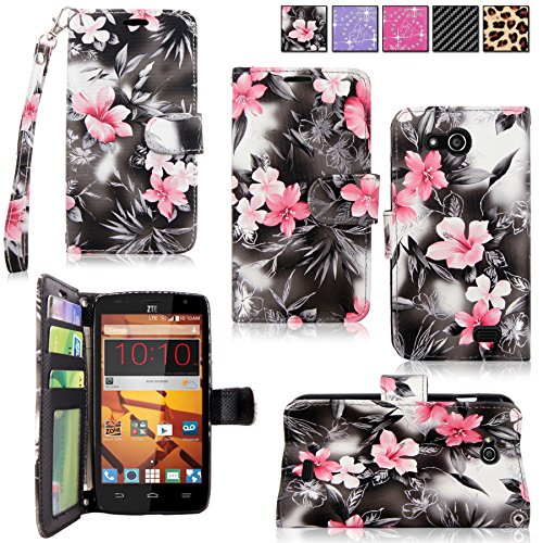 Cellularvilla Wallet Case For ZTE Speed N9130 (Boost Mobile) Pu Leather Wallet Card Flip Open Pocket Case Cover Pouch (Black Pink Flower)