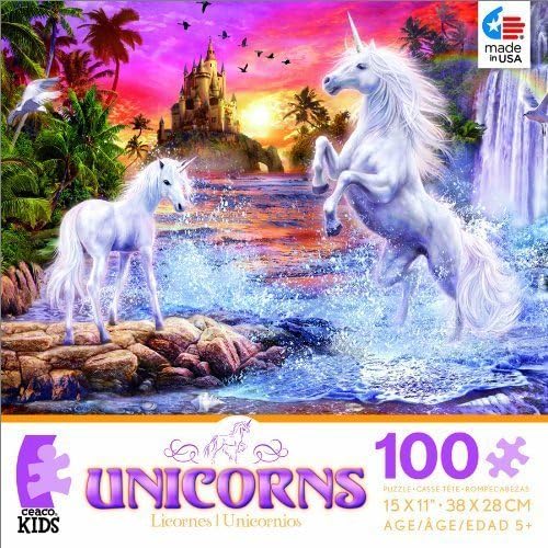 ceaco UNICORNS "Unicorn Waterfall Sunset" 100 Piece Jigsaw Puzzle MADE IN USA Puzzle