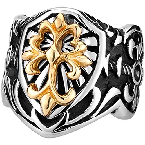 Men's Vintage Gothic Biker Celtic Cross Fleur De Lis Shield Stainless Steel Ring Band Silver Black Gold