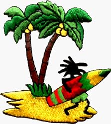Rastafarian Jamaican Guy with Surfboard and Trees - Embroidered Iron On or Sew On Patch (Rasta Surfer)