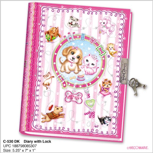 Pecoware - Girl's Diary - Girl Diary with Secret lock and Keys! Trimmed in metallic shiny silver - Kittens and Puppies - GREAT GIFT FOR THE HOLIDAYS!