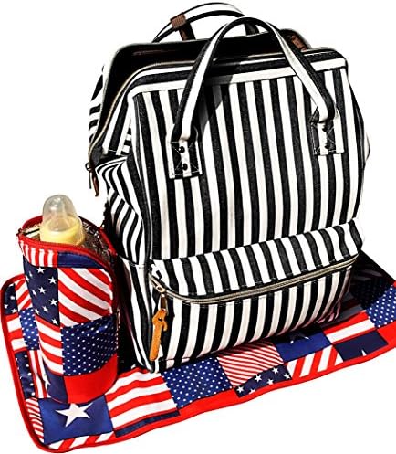 Nautical Stripe Black and White Canvas Backpack Diaper Bag, Foil Insulated Bottle Holder, Changing Pad, Stays Opened When Unzipped