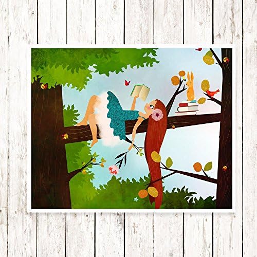 Girl Reading a Book on Tree Wall Art Print - Cute wall art for girls rooms - Archival Print