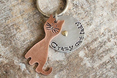 Cat lover key chain with copper kitty cat cut out blank and gold heart rivet
