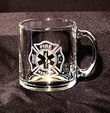 Fireman Firefighter EMT Maltese Cross Etched Glass Coffee Cup