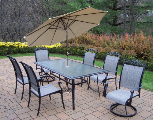 Oakland Living Cascade 9 Piece Black Dining Set With 72 By 42 Inch Table 4 Stackable Chairs 2 Swivel Rockers 9 Feet Tilt And Crank Umbrella And Stand Vladlensdndrejew
