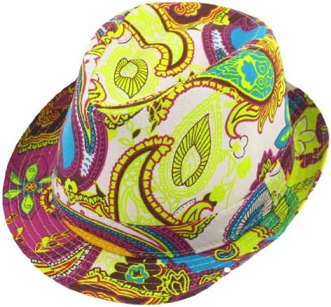 Women Summer Outdoor Paisley Pattern Yellow Fuchsia Fedora Trilby Hat