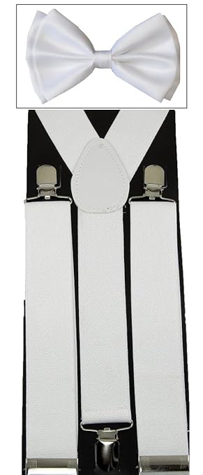 Men's Unisex Awesome WIDE White Suspenders And Matching Bow tie Set - Adjustable