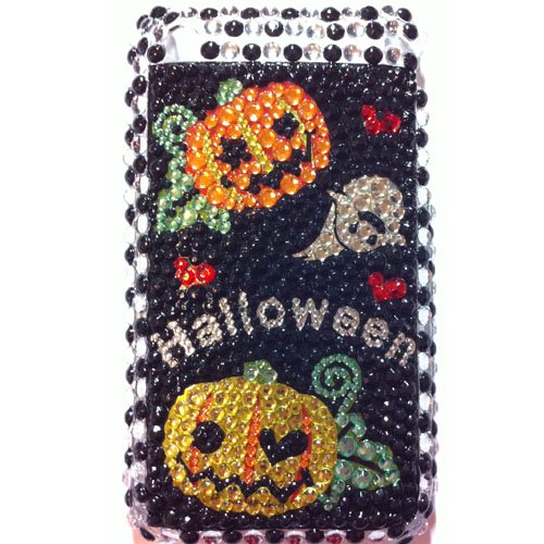 Black Halloween Pumpkin Crystal Diamond Bling Rhinestone Protector Hard Skin Back Case Phone Cover for iPhone 3G/3GS