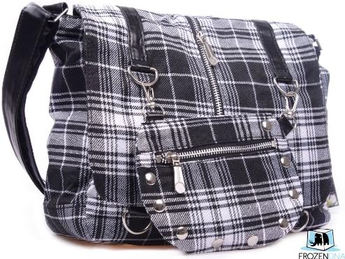 Gothic Tartan Small Messenger Bag | Black & White | Gothic shoulder Bag | College / Travel / Leisure bag | Sling Bag for School | Crossbody Bag Black | Hobo Bag for Teens | DBG2330 (Black & White)