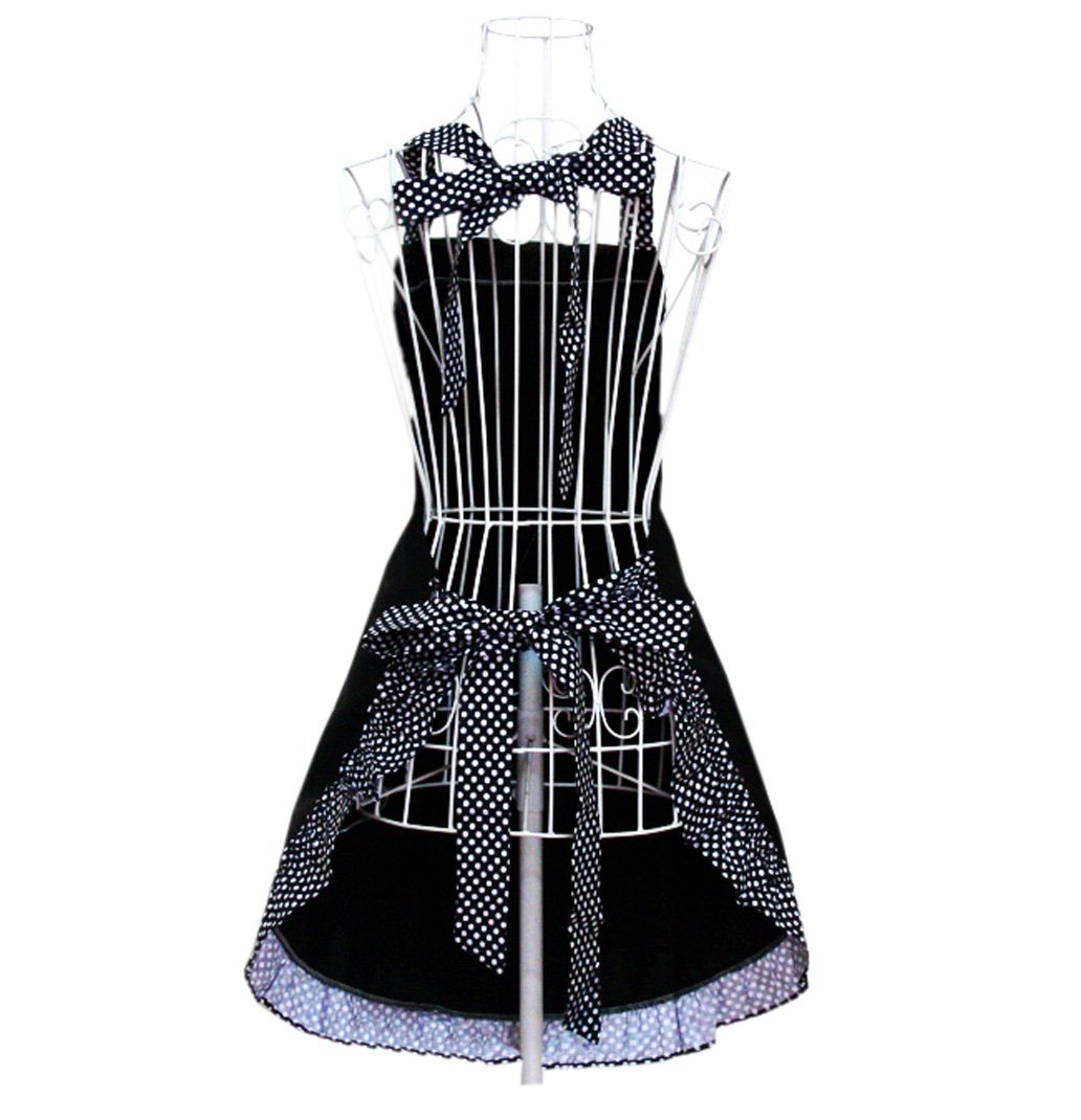 Hyzrz Cute Polka Dot Flirty Black Aprons with Pockets for Women Girls