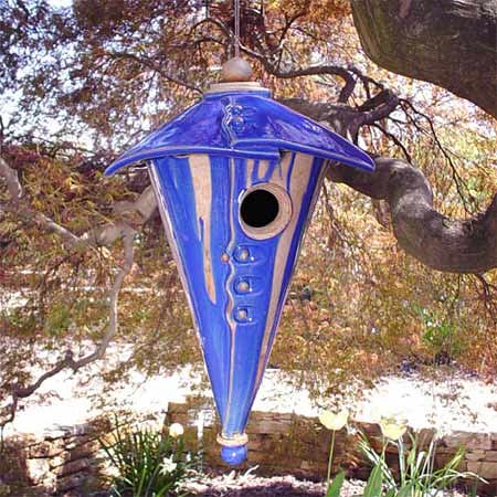 Hanging Stoneware Cone Birdhouse - Handthrown Pottery, 2-Piece, Royal Blue