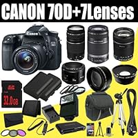 Canon EOS 70D 20.2 MP Dual Pixel CMOS Digital SLR Camera w/EF-S 18-55mm f/3.5-5.6 IS STM Lens + EF 75-300mm f/4-5.6 III & EF-S 55-250mm f/4.0-5.6 IS Telephoto Zoom Lens + EF 18-135mm f/3.5-5.6 IS STM Std. Zoom Lens + EF 50mm f/1.8 II SLR Lens + 2 LP-E6 Replacement Li-Ion Battery & Charger Kit + 32GB SDHC Memory Card & Wallet + 58mm Wide Angle & 2x Telephoto Lens + 58mm 3 Piece Filter & Macro Close Up Kit + HDMI Cable + Case + Tripod + Flash + Card Reader + Deluxe Starter Kit DavisMAX Bundle