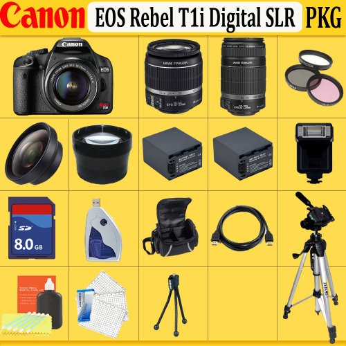 Canon EOS Rebel T1i (500d) SLR Digital Camera Kit with Canon 18-55mm Is Lens + Canon 55-250mm Is Lens + Huge Accessories Package Including Wide Angle Macro Lens + 2x Telephoto + 3 Pc Filter KIT + 2x Extended Life Batteries + Hdmi Cable + 8gb Sdhc Memory Card + 2 Carrying Cases + Tripod & Much More !!