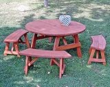 66 Redwood Stained Pine Round Picnic Table w/6 Benches