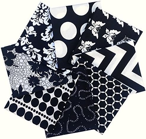 Various Designers BLACK & WHITE Fat Quarters 8 Precut Cotton Fabric Quilting FQs Bundle Assortment Polka Dots Chevron Floral