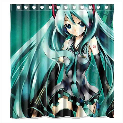 Cool Boys Custom Vocaloid Hatsune Miku Anime Pattern Waterproof Bathroom Shower Curtain 100% Polyester Fabric Shower Curtain Standard Size 66 X 72