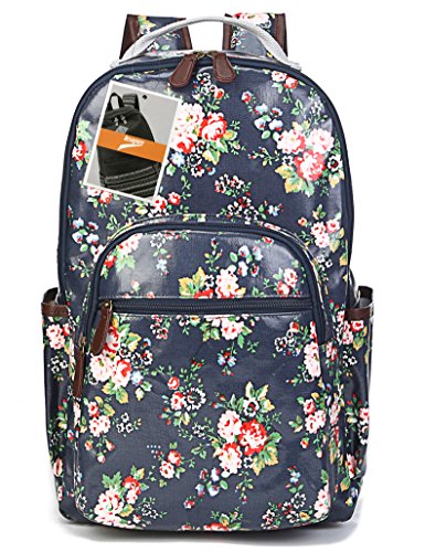 Leaper Waterproof Canvas + PVC Layer School Backpack Cute Floral Laptop Bag Casual Daypack (Large,Blue)