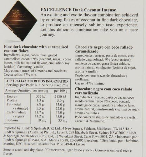 Lindt Excellence Dark Coconut Chocolate Bar 100 g (Pack of 4)