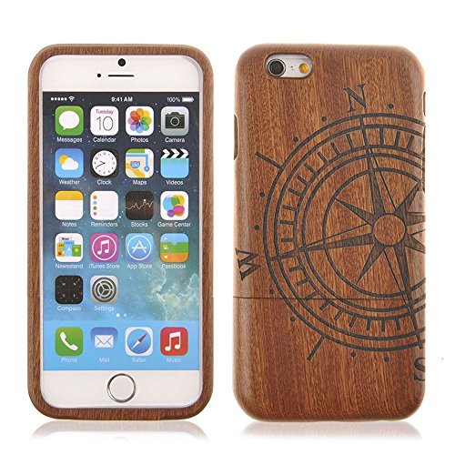 iPhone 6 Wood Case, Handmade [Fine Finish] Compass Real Natural Sapele Wood Case Wooden Cover Protective Skin Hard Phone Back Shell For Apple iPhone 6 4.7 Inch