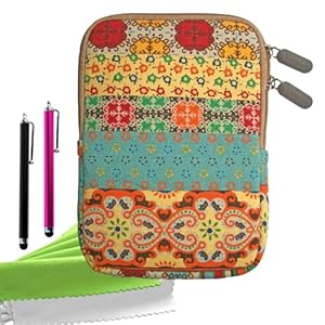 ColorYourLife Bundle of Bohemian Style Canvas Fabric Sleeve Case Bag Cover for Kindle Touch / Kindle Paperwhite / Kindle / Kindle Keyboard 3G with 2 Stylus Pens and Microfiber Cleaning Cloths (Colorful Bohemian pattern, 6 inch)
