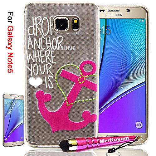 Galaxy Note 5 Case, Note5 Case Protector, MerKuyom® [Pink Anchor Heart] [Clear Transparent] [Flexible Gel] Thin Rubber Soft TPU Case Skin Cover Protector For Samsung Galaxy Note 5 Note5 N920,W/ Stylus