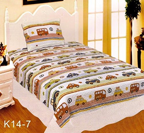 2 Pc Cars Trucks Twin Quilt Set for Boys Girls Kids Red White Blue