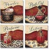 4 Lovely Vintage Red and Gold Perfume, Bath Oil, Lotion and Powder Signs; Four 12 x 12 Poster Prints