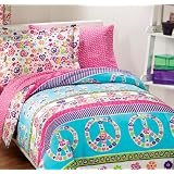 Pink & Blue Peace Signs & Love Twin Comforter Set (5 Piece Bed In A Bag)